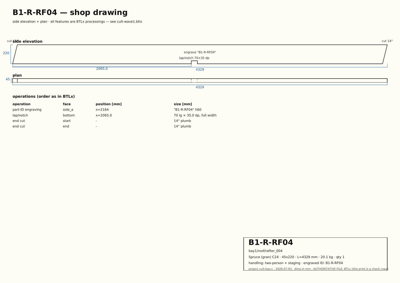 A dimensioned shop drawing of a single rafter, generated from Kult's model.