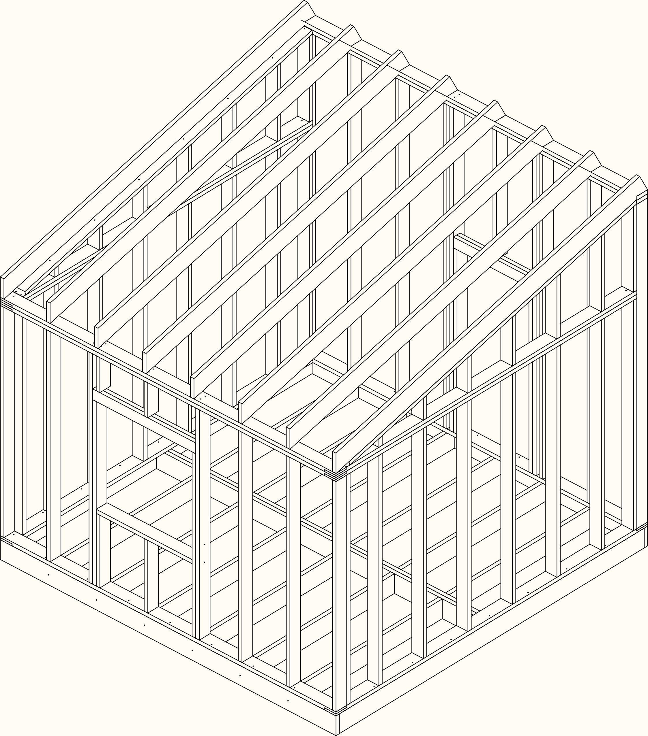Hidden-line isometric render of a complete single-storey timber frame, generated by the software.